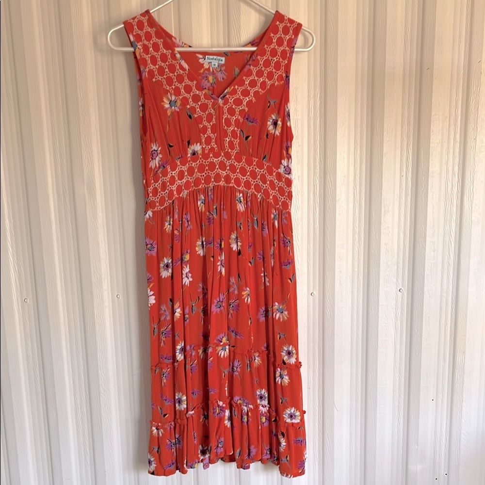 NOSTALGIA Floral Orange Embroidered Sleeveless Sundress Womens‎ S